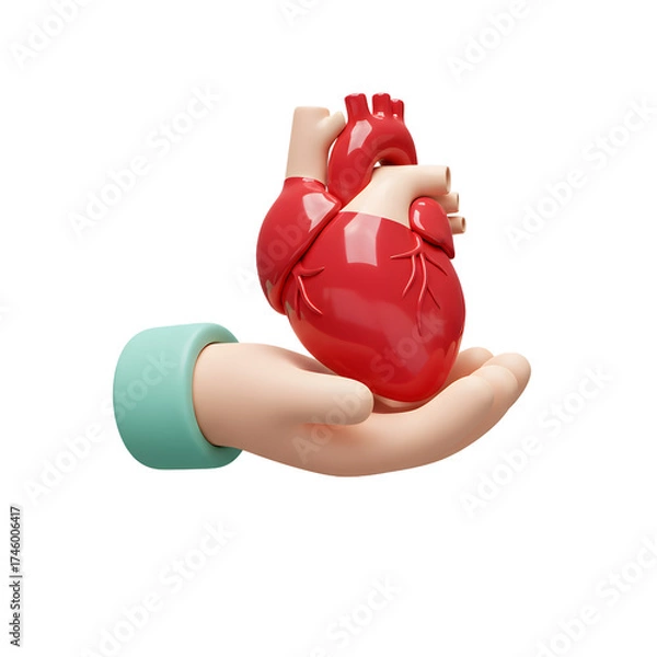 Fototapeta Hand Holding a Bright Red Human Heart Isolated on Transparent Background: Medical 3D Organ Donation Concept