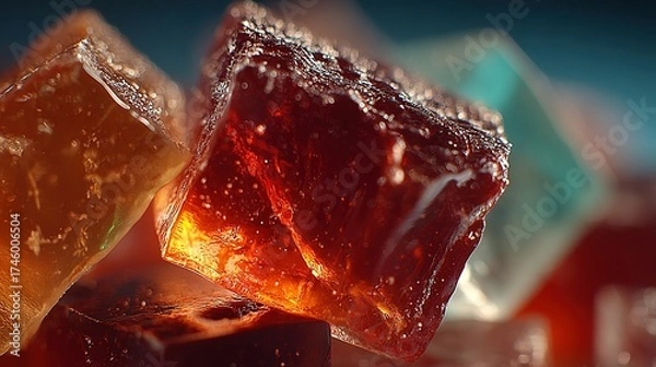 Fototapeta Close-up of colorful translucent sugar cubes in a pile against a blue background.