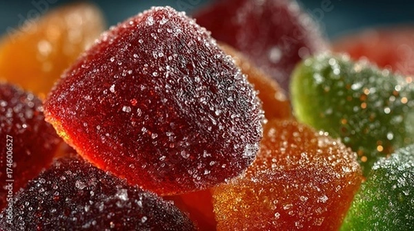 Fototapeta Colorful gummy candies piled together close up with sugar coating.