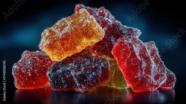 Fototapeta Pile of colorful translucent rock candy pieces against a dark background.