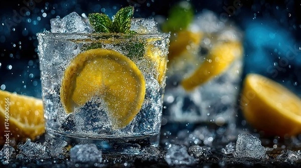 Fototapeta Two glasses of refreshing drink with ice lemon and mint on a dark background.
