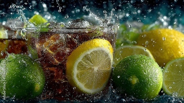 Fototapeta Refreshing drink with lemon lime and ice cubes creating a splash effect.