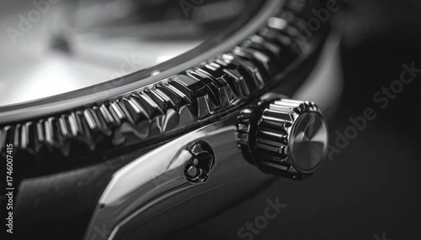Fototapeta Close-up view of a sleek watch's crown and bezel showcasing intricate design and craftsmanship