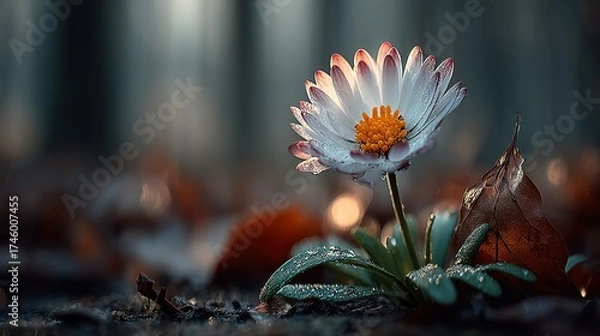 Fototapeta Single daisy flower with white petals and yellow center in a forest setting.