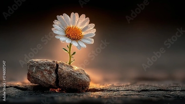 Fototapeta Single daisy growing from a stone on a dark textured surface.