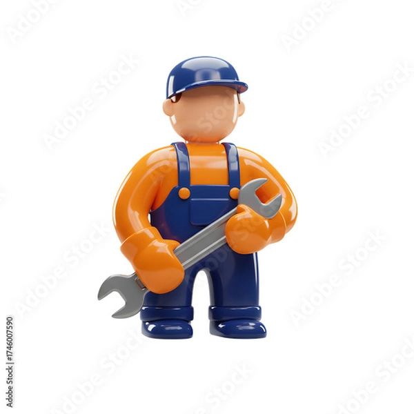 Fototapeta 3D Cartoon Mechanic Worker in Overalls Holding Wrench Isolated on Transparent Background: Industry Service Icon