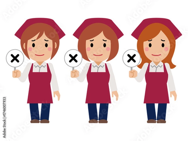 Fototapeta 不正解の札を上げる真紅のエプロンと三角巾の女性