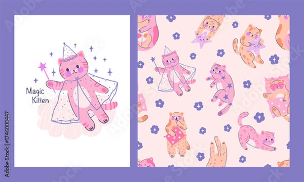 Fototapeta Collection seamless patterns with adorable kittens and composition with cute fairy cat