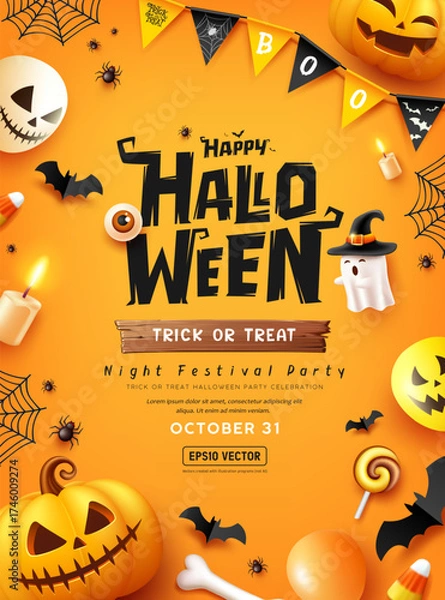 Fototapeta Happy Halloween party poster design yellow concept design background, Eps 10 vector illustration