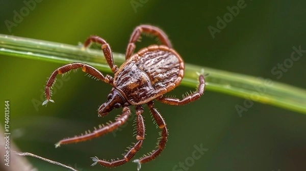 Fototapeta Tick with a small, oval, brown body clinging to green grass blades or animal fur, showing its segmented legs and tiny mouthparts, in soft outdoor daylight with subtle shadows highlighting its details.