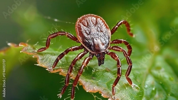 Fototapeta Tick with a small, oval, brown body clinging to green grass blades or animal fur, showing its segmented legs and tiny mouthparts, in soft outdoor daylight with subtle shadows highlighting its details.