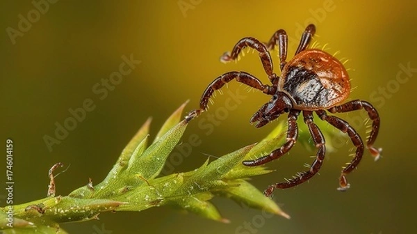 Fototapeta Tick with a small, oval, brown body clinging to green grass blades or animal fur, showing its segmented legs and tiny mouthparts, in soft outdoor daylight with subtle shadows highlighting its details.