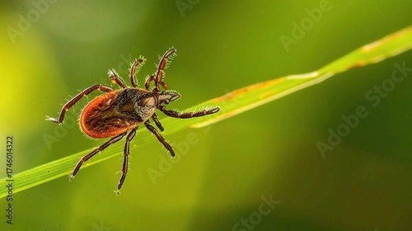 Fototapeta Tick with a small, oval, brown body clinging to green grass blades or animal fur, showing its segmented legs and tiny mouthparts, in soft outdoor daylight with subtle shadows highlighting its details.