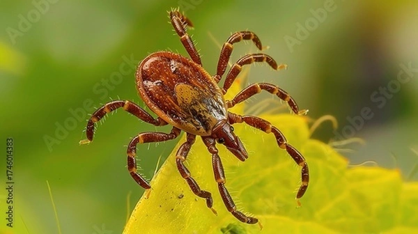 Fototapeta Tick with a small, oval, brown body clinging to green grass blades or animal fur, showing its segmented legs and tiny mouthparts, in soft outdoor daylight with subtle shadows highlighting its details.
