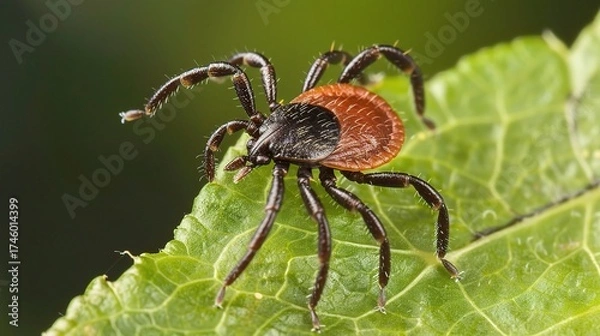 Fototapeta Tick with a small, oval, brown body clinging to green grass blades or animal fur, showing its segmented legs and tiny mouthparts, in soft outdoor daylight with subtle shadows highlighting its details.