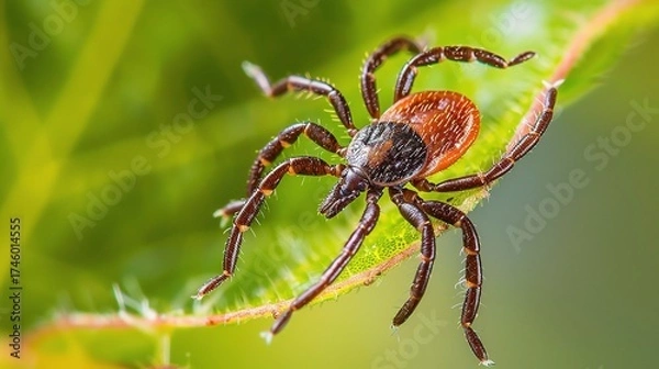 Fototapeta Tick with a small, oval, brown body clinging to green grass blades or animal fur, showing its segmented legs and tiny mouthparts, in soft outdoor daylight with subtle shadows highlighting its details.