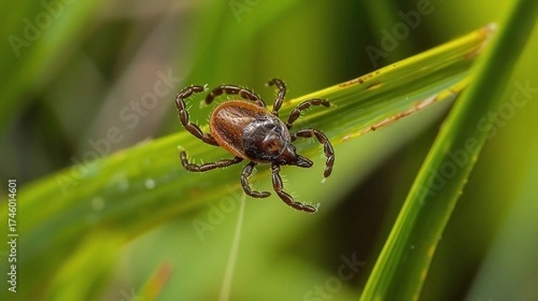 Fototapeta Tick with a small, oval, brown body clinging to green grass blades or animal fur, showing its segmented legs and tiny mouthparts, in soft outdoor daylight with subtle shadows highlighting its details.