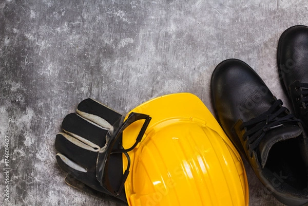 Fototapeta Close-up top view of protective equipment on a construction site: yellow hard hat, goggles and leather gloves lying on the floor.