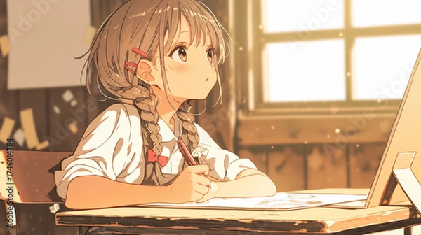 Fototapeta 夕暮れの教室で想いを巡らせる少女