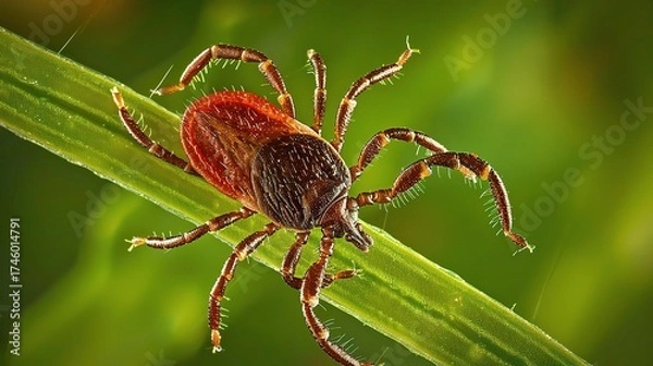 Fototapeta Tick with a small, oval, brown body clinging to green grass blades or animal fur, showing its segmented legs and tiny mouthparts, in soft outdoor daylight with subtle shadows highlighting its details.