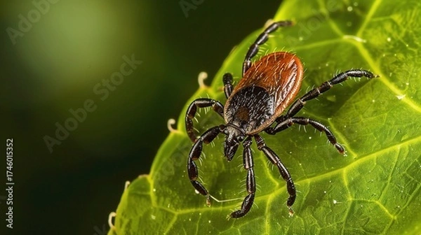 Fototapeta Tick with a small, oval, brown body clinging to green grass blades or animal fur, showing its segmented legs and tiny mouthparts, in soft outdoor daylight with subtle shadows highlighting its details.