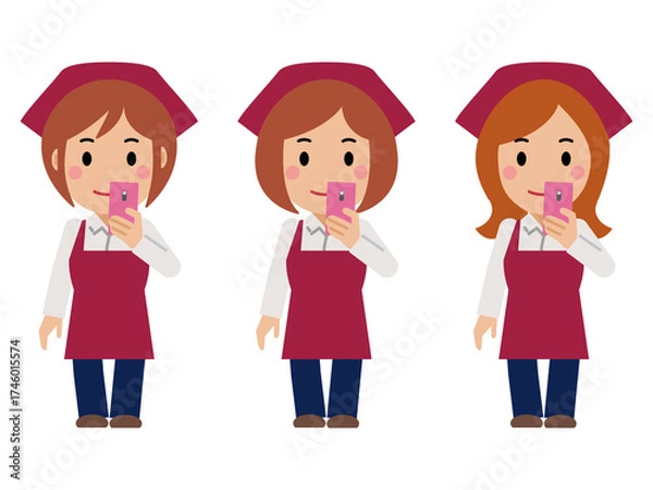 Fototapeta スマホを見る真紅のエプロンと三角巾の女性