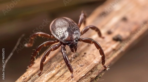 Fototapeta Tick with a small, oval, brown body clinging to green grass blades or animal fur, showing its segmented legs and tiny mouthparts, in soft outdoor daylight with subtle shadows highlighting its details.