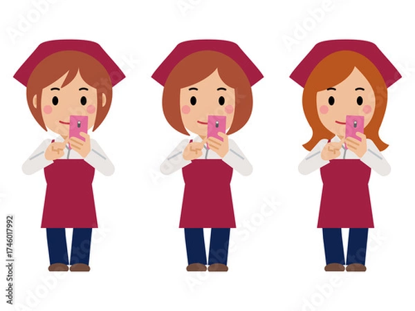 Fototapeta スマホを操作する真紅のエプロンと三角巾の女性