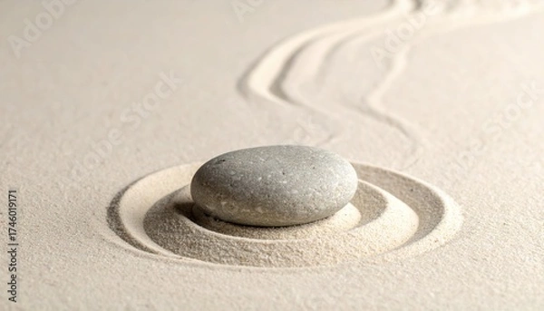 Fototapeta Serene stone resting in a sand garden, surrounded by gentle curves, evoking tranquility and mindfulness