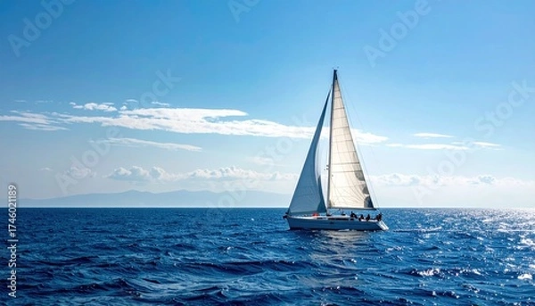Fototapeta A serene sailing adventure on a clear blue sea, with distant mountains under a bright sky