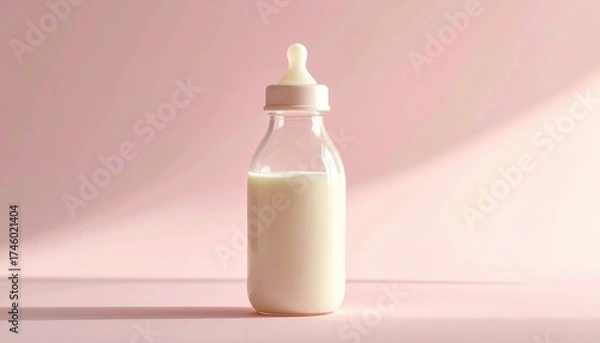Fototapeta A serene and minimalist scene featuring a baby bottle filled with milk against a soft pink background