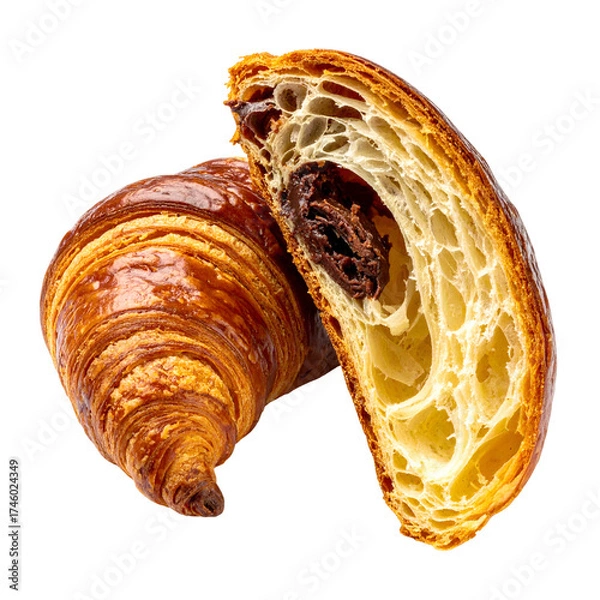 Fototapeta Flaky, golden croissant, cut to show the chocolate filling. Isolated on black