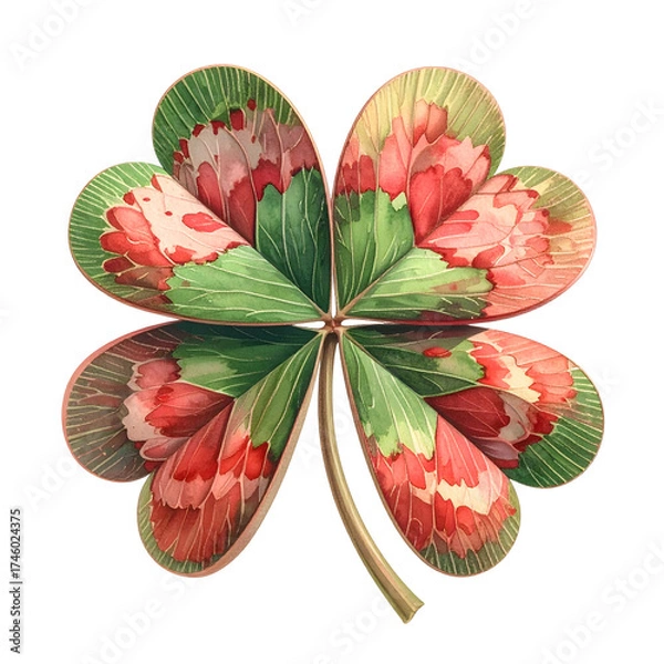 Fototapeta Digital illustration of a four-leaf clover with pink floral petals and green leaves