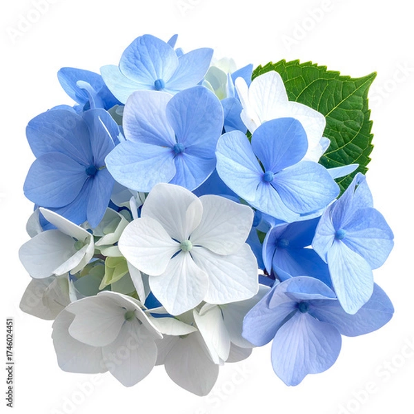 Fototapeta Close-up of a vibrant bouquet of blue and white hydrangea flowers with green leaves