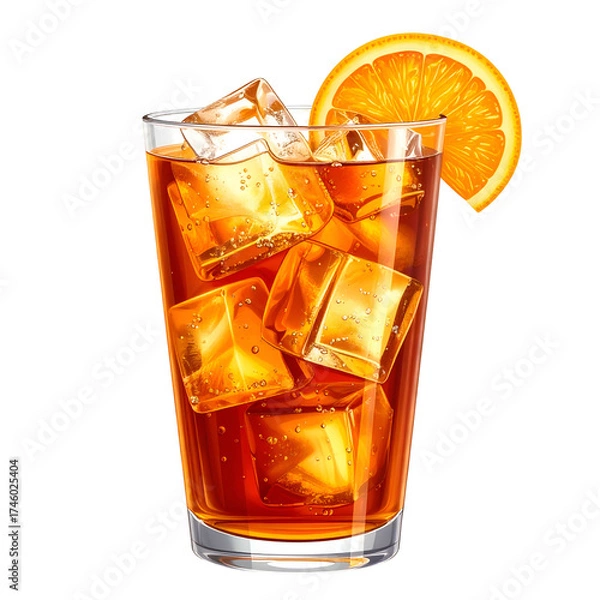 Fototapeta Refreshing iced beverage, amber-toned drink with ice cubes, orange slice garnish, clear glass