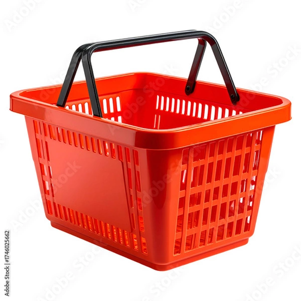 Fototapeta A bright orange rectangular shopping basket with a black handle, set against a dark background