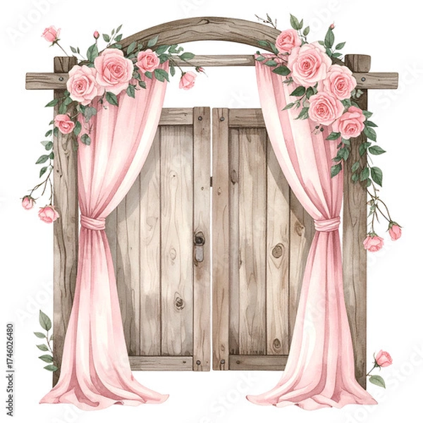 Fototapeta A rustic wooden door arch adorned with pink roses and draping fabric, perfect for a celebration