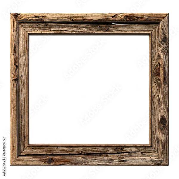 Fototapeta Rustic square wooden frame with a bright white center, isolated on a black background
