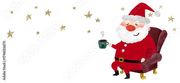 Fototapeta ソファーに座ってくつろぐサンタクロースと星の装飾のクリスマスイラスト