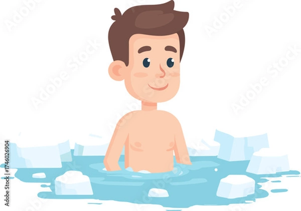 Fototapeta Man enjoying a cold ice bath in a pool surrounded by ice cubes isolated on transparent background. Vector illustration.