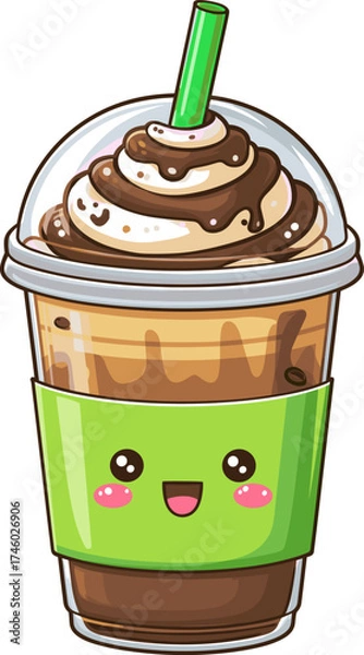 Fototapeta Delicious chocolate mint shake with whipped cream isolated on transparent background. Vector illustration.