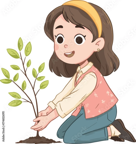 Fototapeta Girl plants a small tree in a garden isolated on transparent background. Vector illustration.