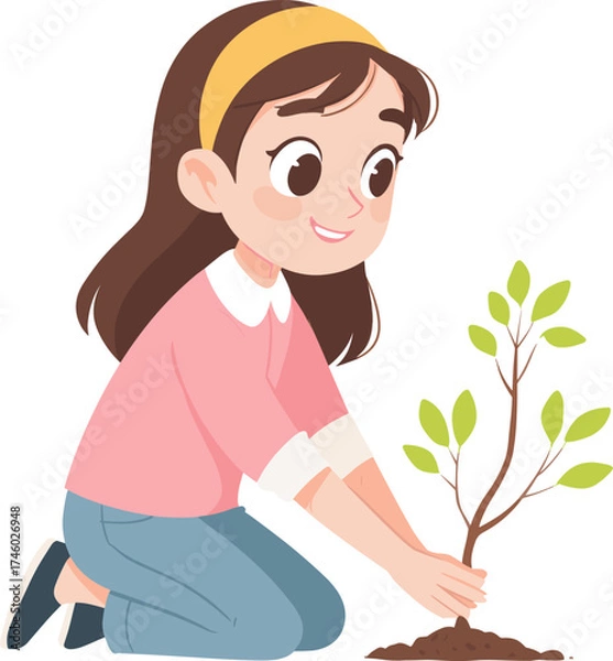 Fototapeta Young girl planting a small tree isolated on transparent background. Vector illustration.