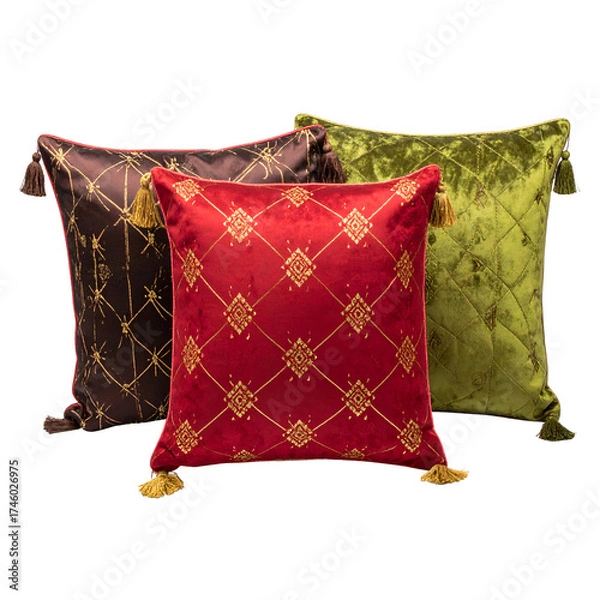 Fototapeta Three decorative velvet pillows brown, red, and green with golden embroidered patterns and tassels