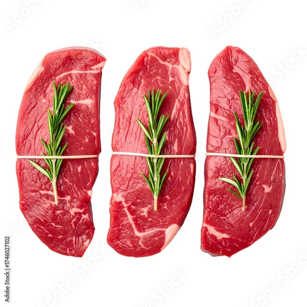 Fototapeta Three raw beef steaks garnished with rosemary sprigs, tied with twine, isolated on black