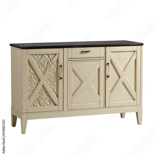Fototapeta Cream-colored wood cabinet with dark top, X-panel doors, central drawer, and floral carving