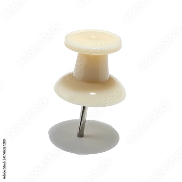 Fototapeta Cream-colored push pin stands upright on a white surface with a sharp, silver-colored point