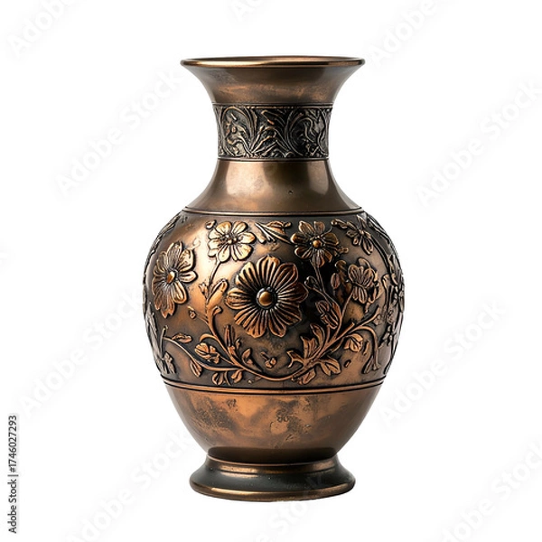Fototapeta Ornate, aged copper vase with floral relief, detailed carvings, and a dark backdrop