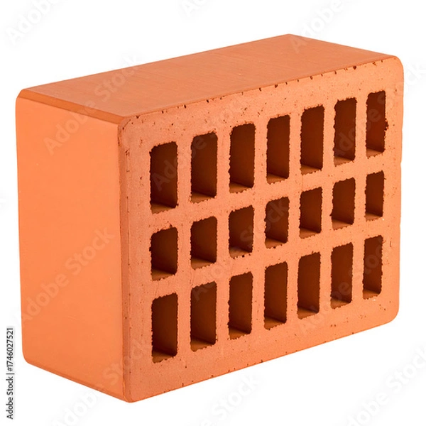 Fototapeta A single red brick with rectangular holes, isolated against a black backdrop