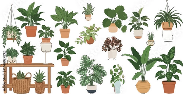 Fototapeta Create a calming atmosphere with this collection of diverse houseplants in pots, perfect for adding a touch of nature to any space for a trendy aesthetic